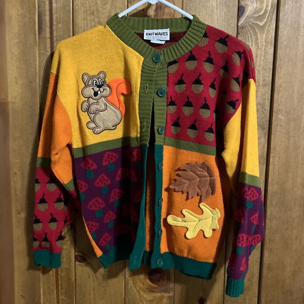 Vintage 80s Knitwaves Squirrel Fall Leaves Cardigan Sweater USA  Women’s Small
